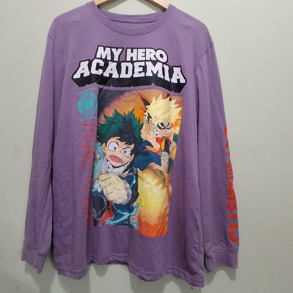 My Hero Academia Purple Long Sleeve Shirt Deku Bakugo Graphic Tee Mens L 42/44